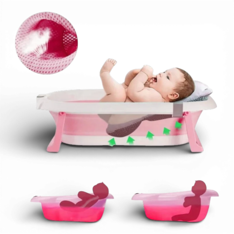 Cadita pliabila pentru bebelusi 75x45x22 cm, cu pernuta si termometru digital, roz