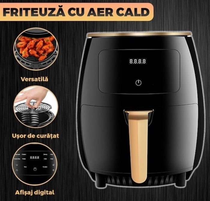 Air Fryer 6L 2400W cu afisaj digital, programe presetate, 100 hartii copt