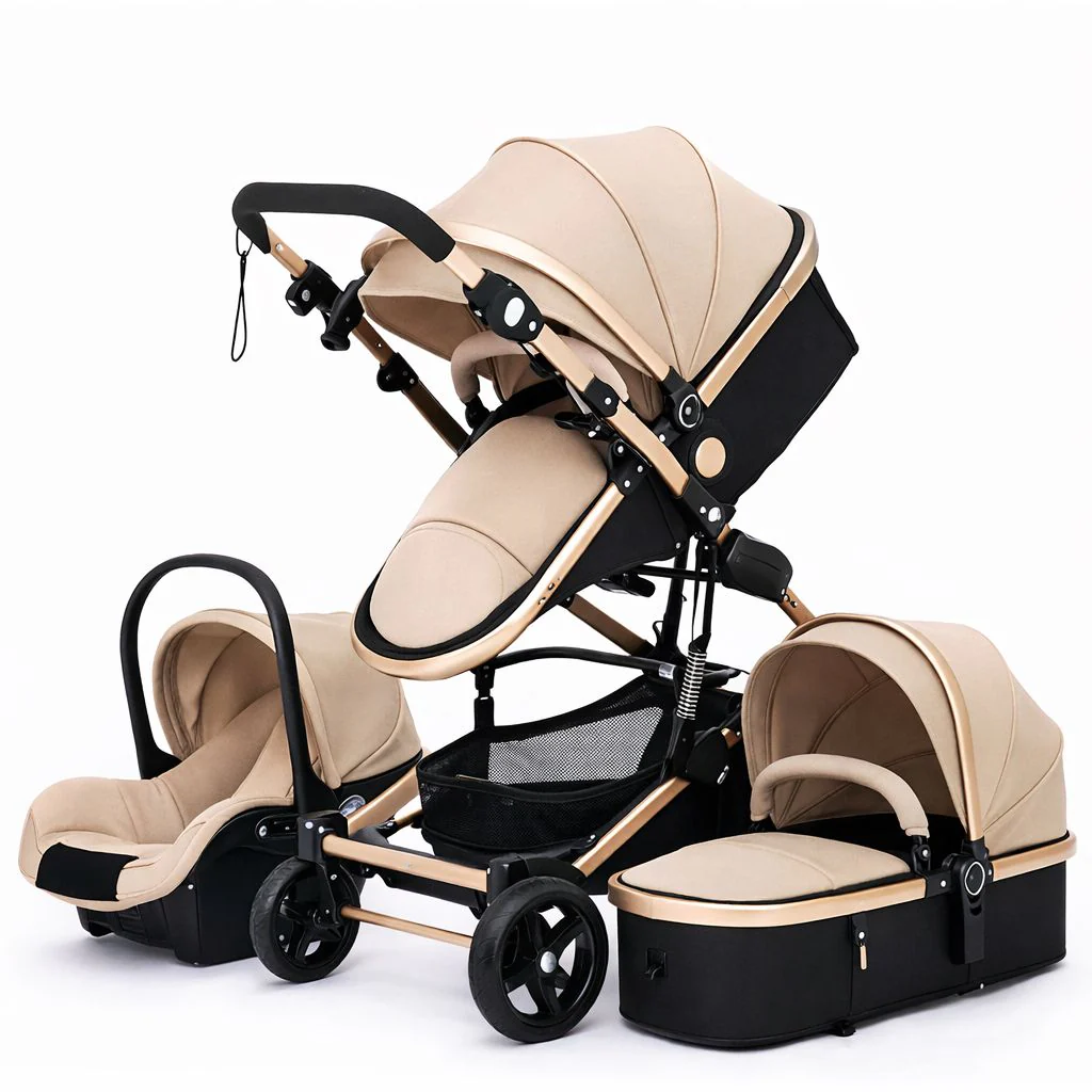 Cărucior pliabil pentru copii 3 în 1, landou, cărucior sport și scaun auto, cadru aluminiu, roți cauciuc