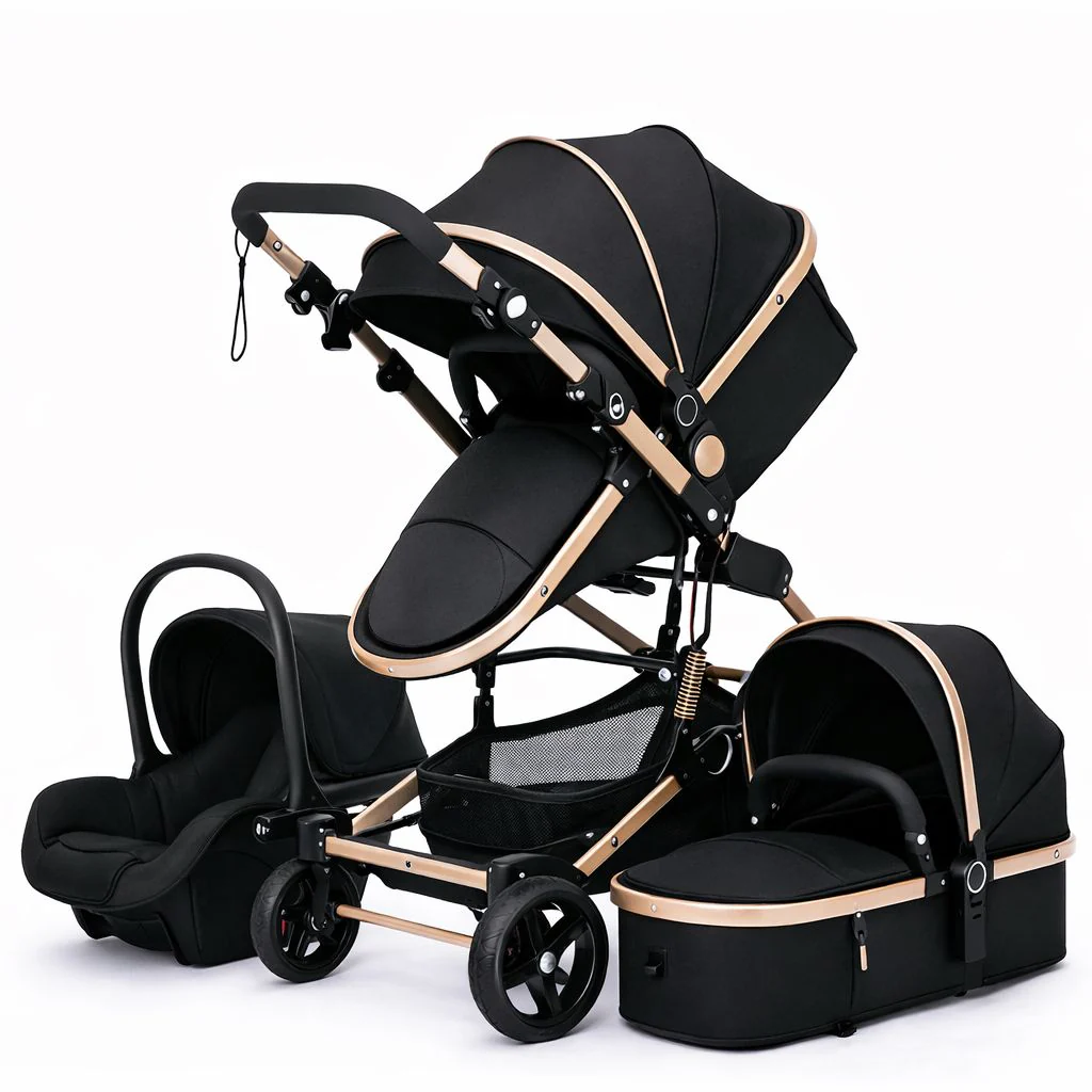 Cărucior pliabil pentru copii 3 în 1, landou, cărucior sport și scaun auto, cadru aluminiu, roți cauciuc