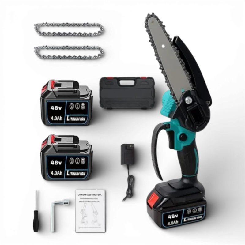 Mini drujba fara fir 48V, lama 15 cm, 2 acumulatori, 2 lanturi, valiza inclusa