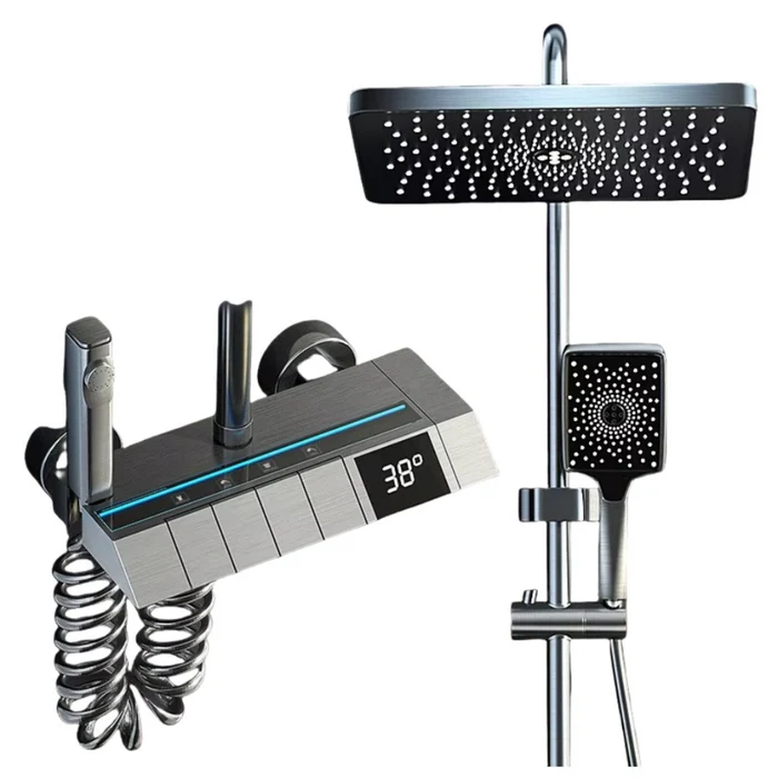 Set de dus cu afisaj LED, control termostatic, 4 moduri pulverizare, sistem cu dinam, inox si ABS