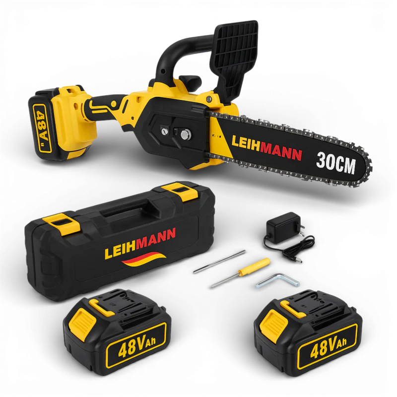 Drujba electrica 48V, lama 30 cm, 2 acumulatori 8Ah, 2 lanturi, galben negru