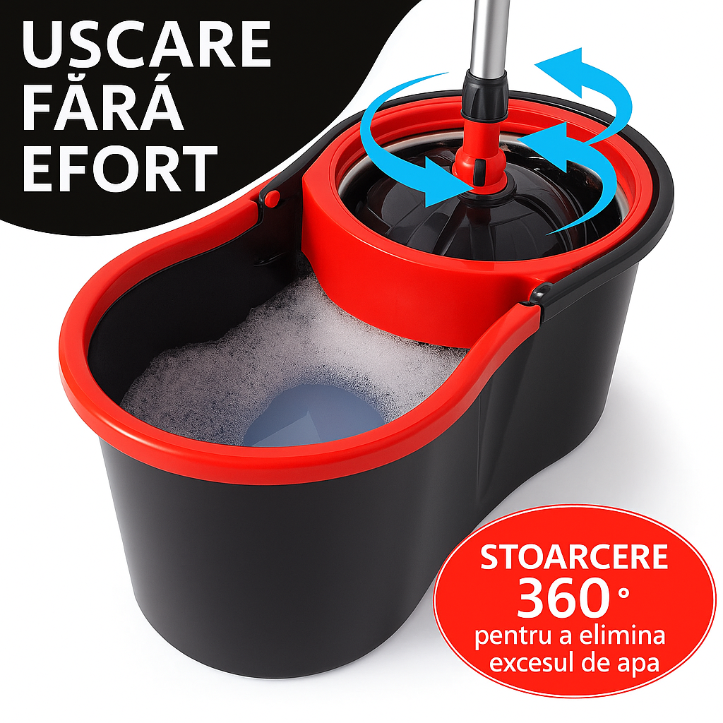 Set mop rotativ 360 cu galeata si cuva inox, 4 rezerve microfibra, coada telescopica