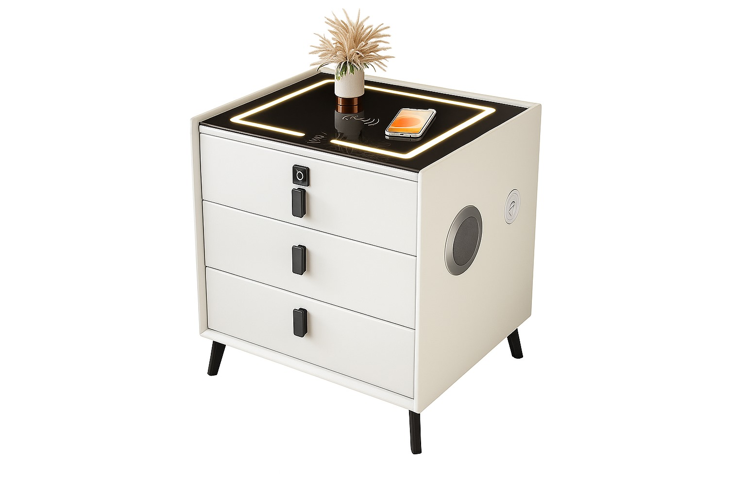 Noptieră inteligentă M6 cu iluminare LED, încărcare wireless, boxă Bluetooth și blocare cu amprentă, 3 sertare, 45 x 40 x 60 cm