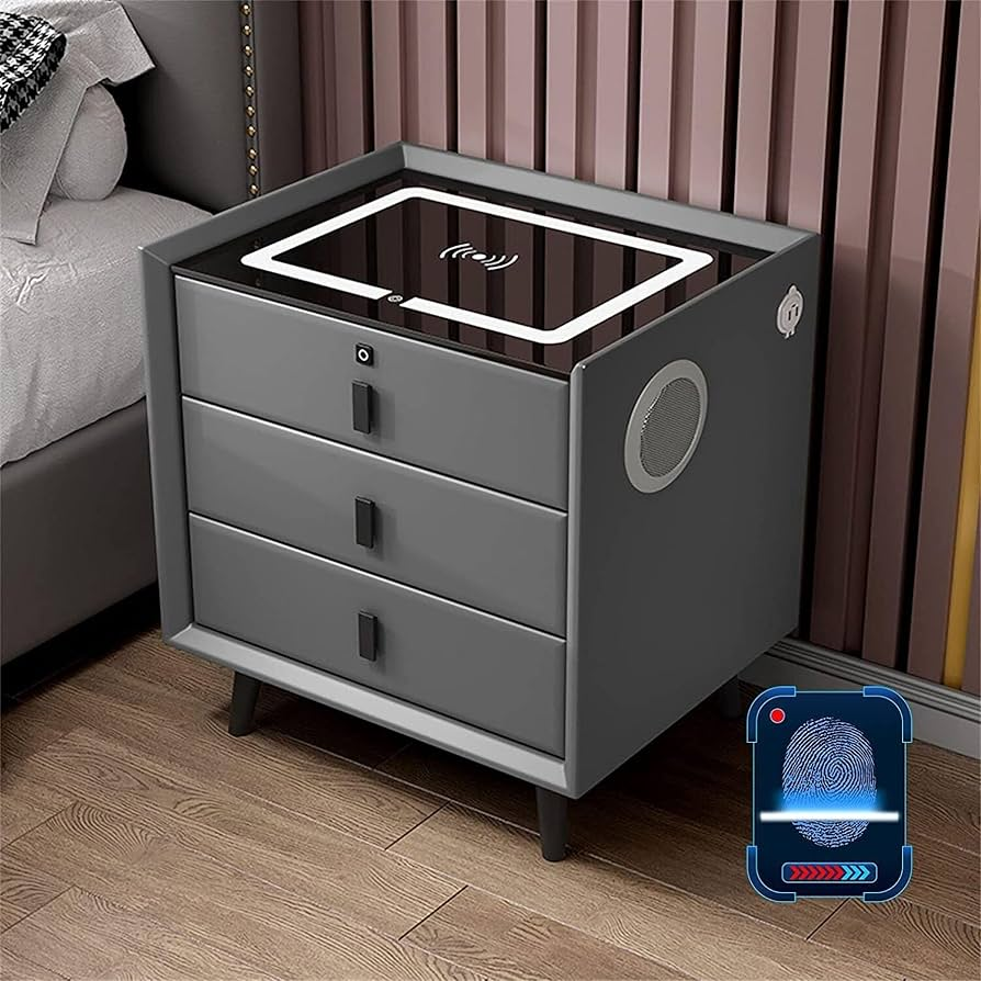 Noptieră inteligentă M5 cu LED, 3 sertare, încărcare wireless, USB, boxă Bluetooth și blocare cu amprentă