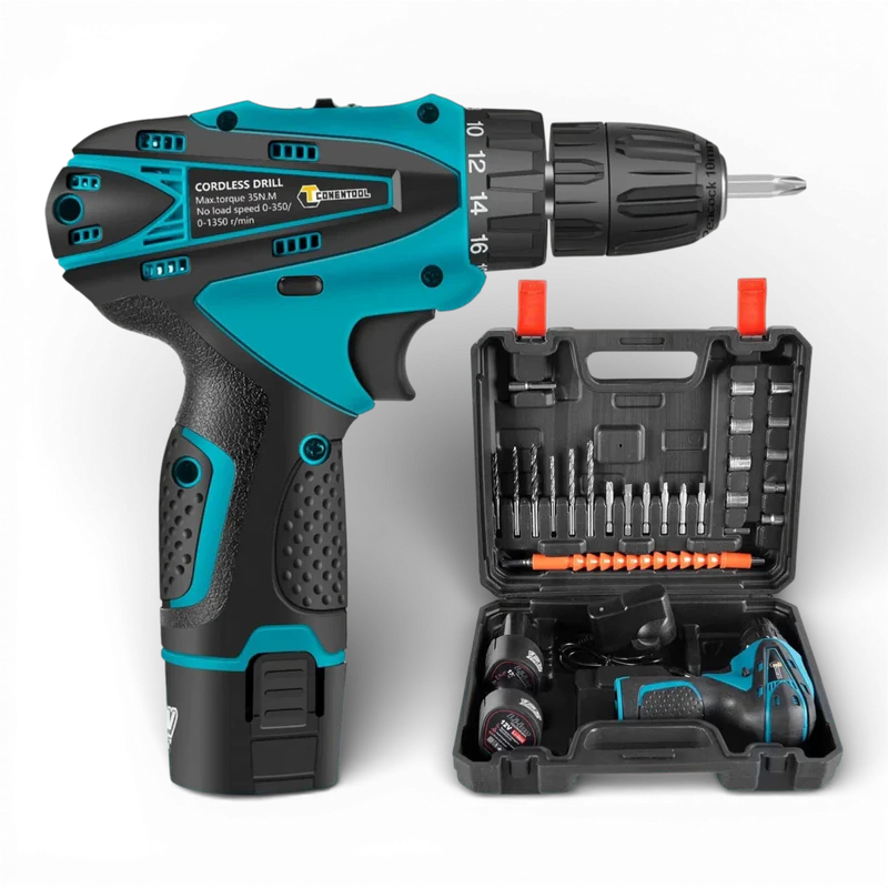 Set bormasina 12V cu 2 acumulatori, 24 accesorii, 1400 RPM