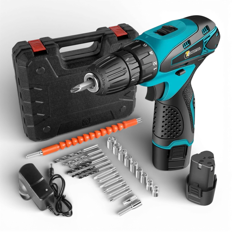 Set bormasina 12V cu 2 acumulatori, 24 accesorii, 1400 RPM