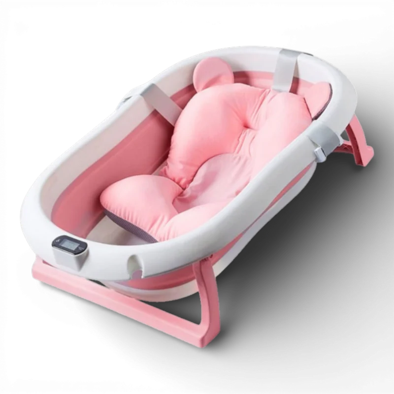 Cadita pliabila pentru bebelusi 75x45x22 cm, cu pernuta si termometru digital, roz