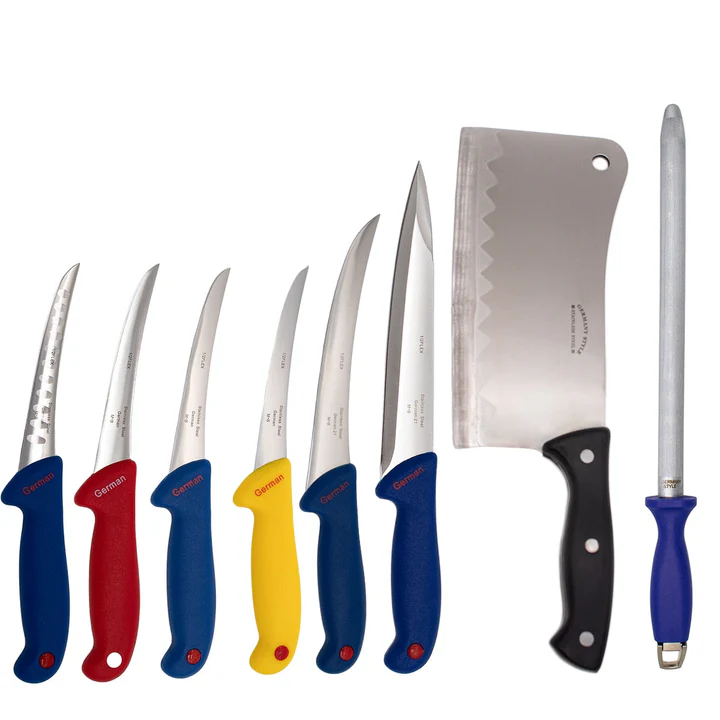 Set măcelărie 8 piese, 6 cuțite, 1 satâr pentru spart oase, 1 masat magnetic, oțel inoxidabil