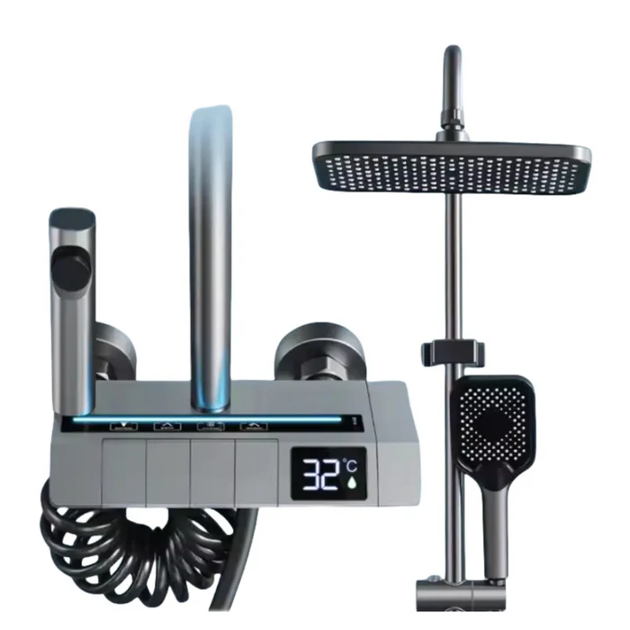 Set de dus cu afisaj LED, control termostatic, 4 moduri pulverizare, sistem cu dinam, inox si ABS