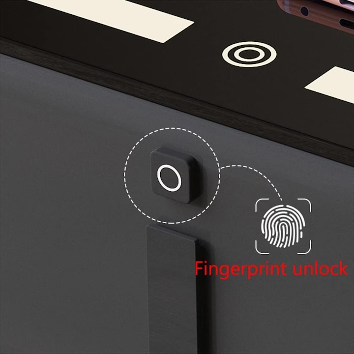 Noptieră inteligentă M4 cu 2 sertare, blocare cu amprentă, iluminare LED, încărcare wireless și USB-C, 45 x 40 x 60 cm