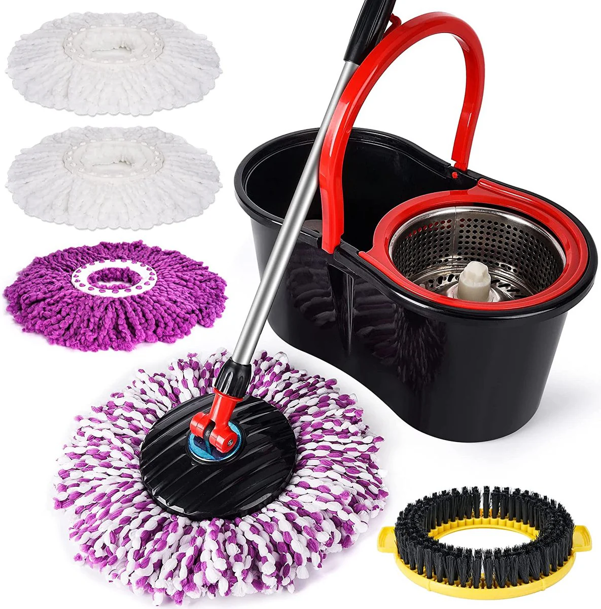 Set mop rotativ 360 cu galeata si cuva inox, 4 rezerve microfibra, coada telescopica
