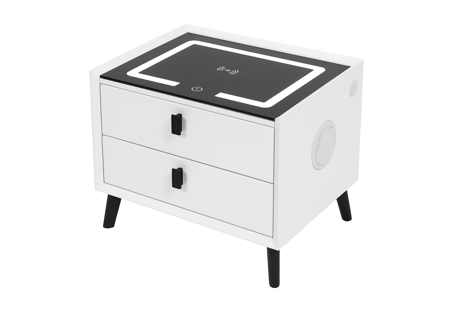 Noptieră inteligentă M2 cu 2 sertare, blocare cu amprentă, iluminare LED, încărcare wireless și USB-C, Alb, 45 x 40 x 60 cm