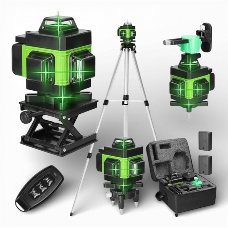 Nivela laser 4D cu 16 linii, auto-nivelare, laser verde 360°, 2 baterii, trepied 1.2 m