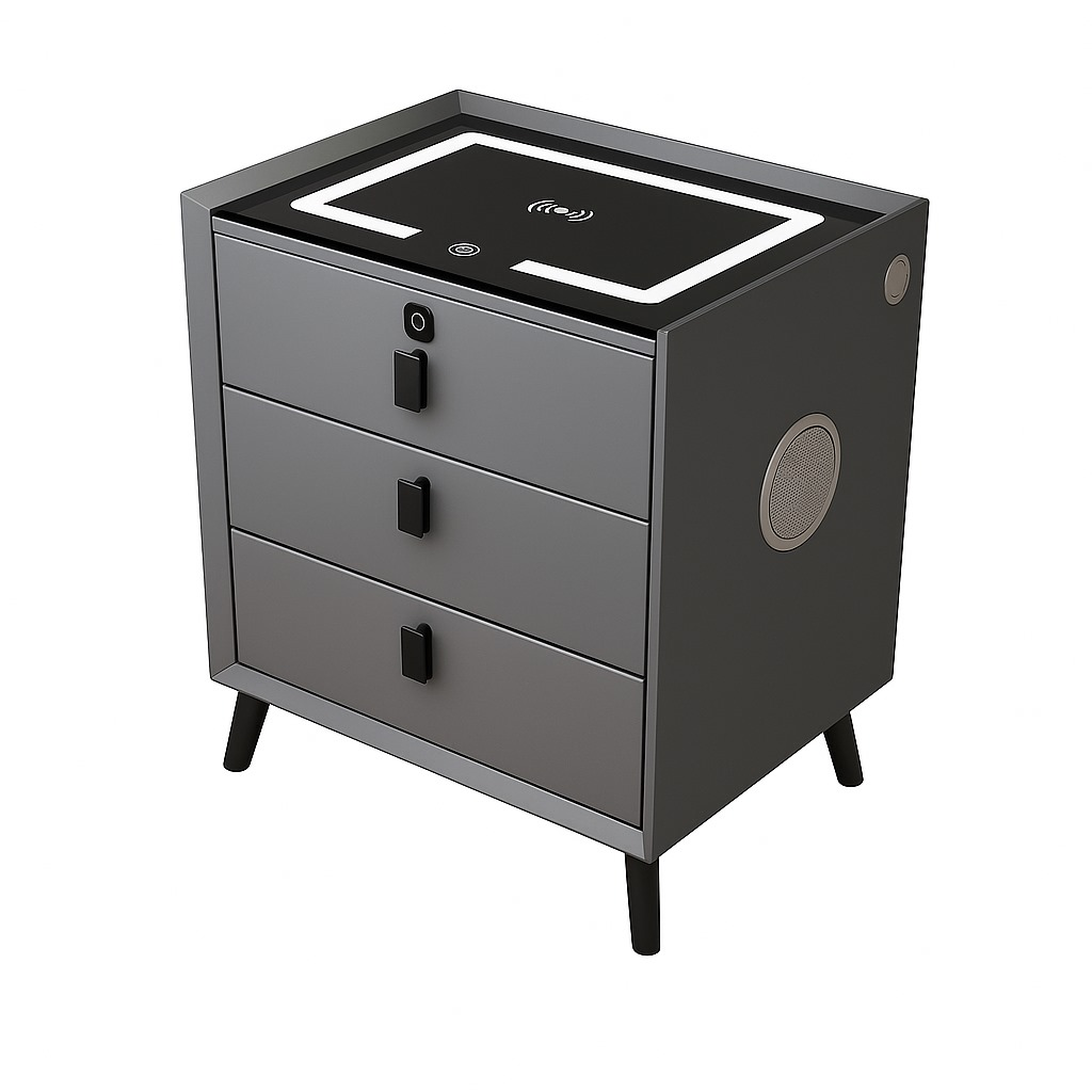 Noptieră inteligentă M5 cu LED, 3 sertare, încărcare wireless, USB, boxă Bluetooth și blocare cu amprentă