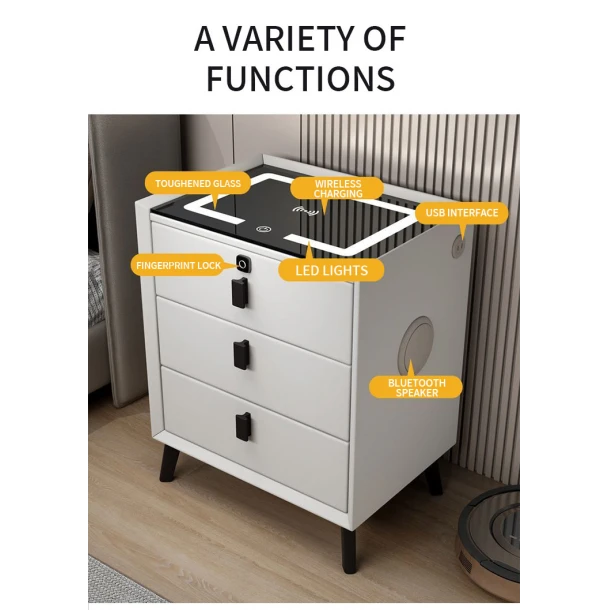 Noptieră inteligentă M6 cu iluminare LED, încărcare wireless, boxă Bluetooth și blocare cu amprentă, 3 sertare, 45 x 40 x 60 cm