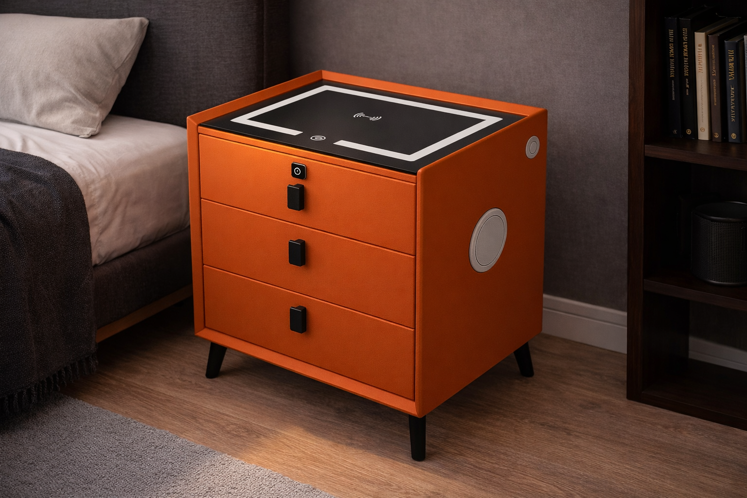 Noptieră inteligentă M8 cu iluminare LED, încărcare wireless, boxă Bluetooth și blocare cu amprentă, 3 sertare, 45 x 40 x 60 cm