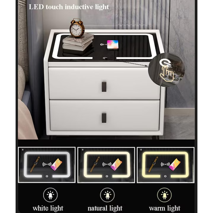 Noptieră inteligentă M2 cu 2 sertare, blocare cu amprentă, iluminare LED, încărcare wireless și USB-C, Alb, 45 x 40 x 60 cm