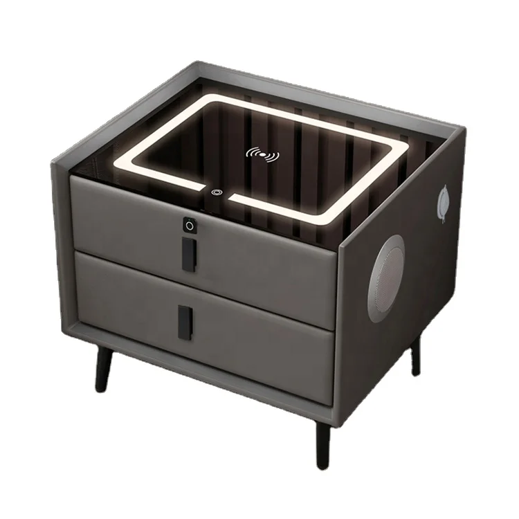 Noptieră inteligentă cu 2 sertare, blocare cu amprentă, iluminare LED, încărcare wireless și USB-C, Alb, 45 x 40 x 60 cm