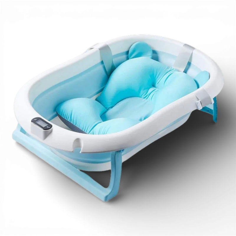 Cadita pliabila pentru bebelusi 75x45x22 cm, cu pernuta si termometru digital, albastru