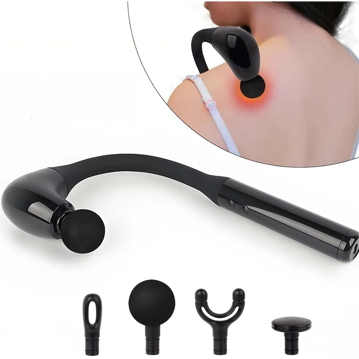 Aparat de masaj cu percuție, mâner extins ergonomic, 5 nivele intensitate, 4 capete masaj, motor brushless, încărcare Type-C